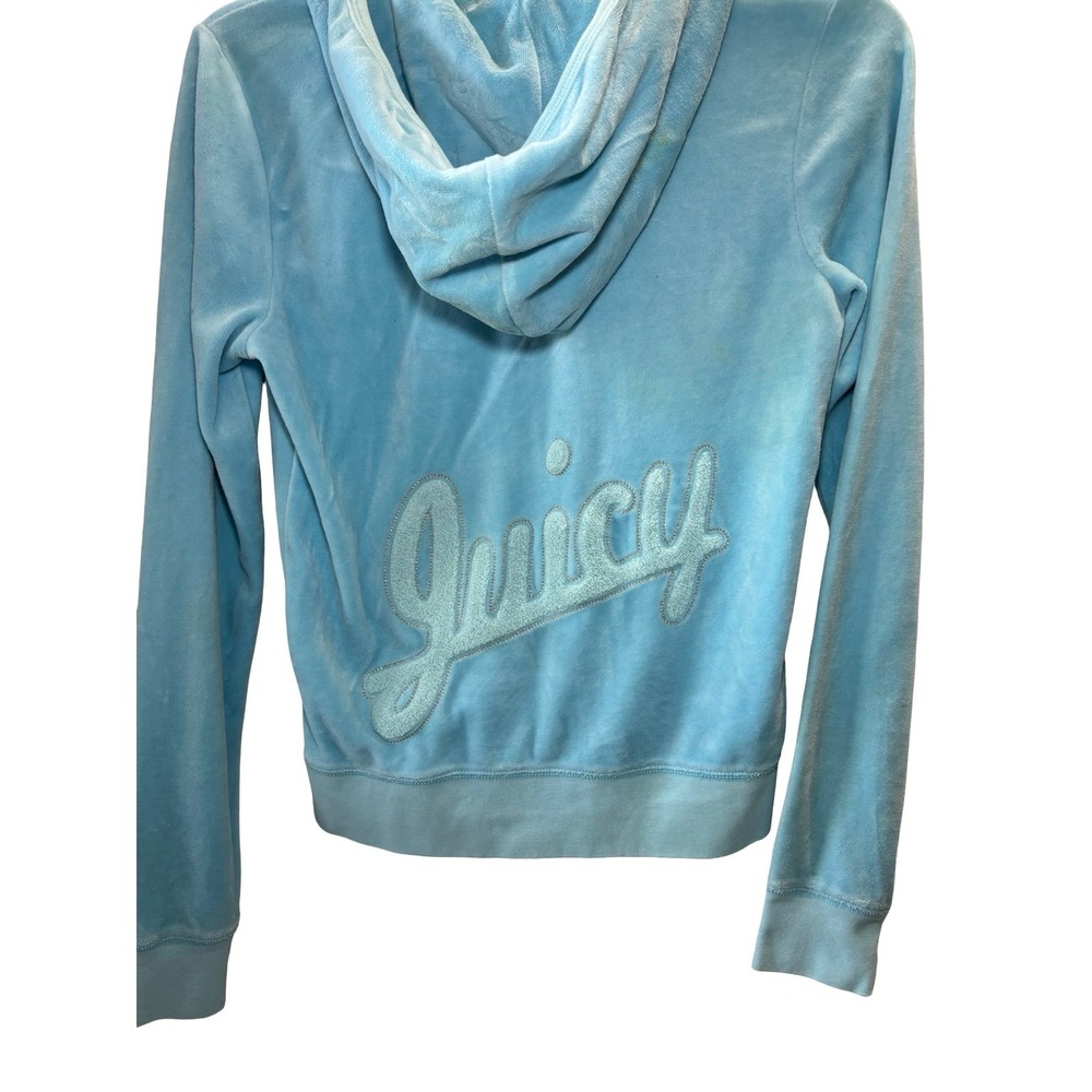 Y2K Juicy Couture Aqua Blue Velour Zip Up Hoodie Tonal Juicy Script, Medium